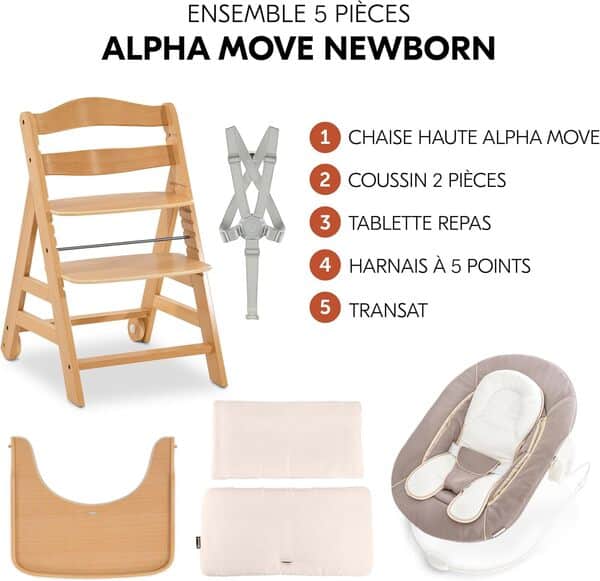 hauck - Chaise Haute Bébé Alpha Move Newborn Set - Évolutive dès Naissance avec Transat Bebe, Réducteur, Coussin, Tablette Repas - Stretch Beige