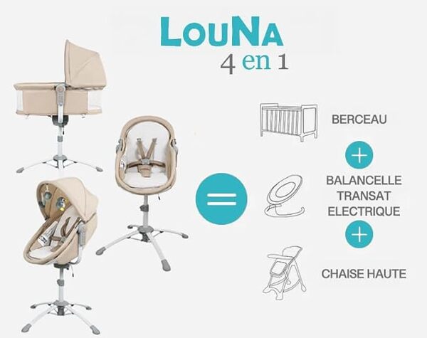 BEBE2LUXE Le 4 en 1 Multifonction : Balancelle Electrique, Berceau, Chaise Haute, Transat (Gris)