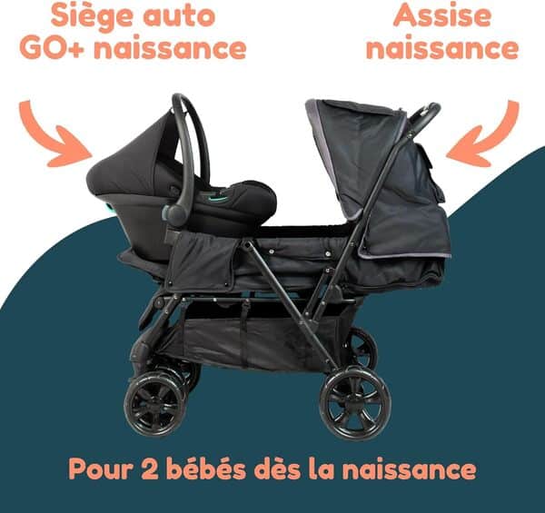 BAMBISOL Poussette Double 2-en-1 pour Jumeaux dès la Naissance | Cosy Siège Auto Gr0+ i-Size Inclus, Pliable avec Habillage Pluie et Grand Panier | Noir et Gris Chiné
