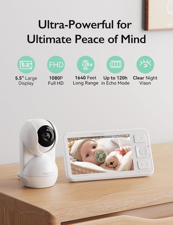 Momcozy Babyphone avec caméra Écran 5.5 Pouces Full HD 1080P Moniteur bébé sans WLAN 5800 mAh Vision Nocturne Claire, ECO, VOX, Audio bidirectionnel portée de 500 m, Prendre des Photos et des vidéos