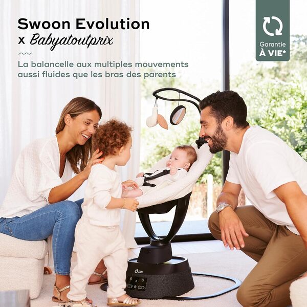 Babymoov Balancelle éléctrique bébé Swoon Evolution Curl White - 8 balancements - 5 vitesses - Assise rotative 360° - Réducteur nouveau-né - Arche de jeux - 12 Berçeuses