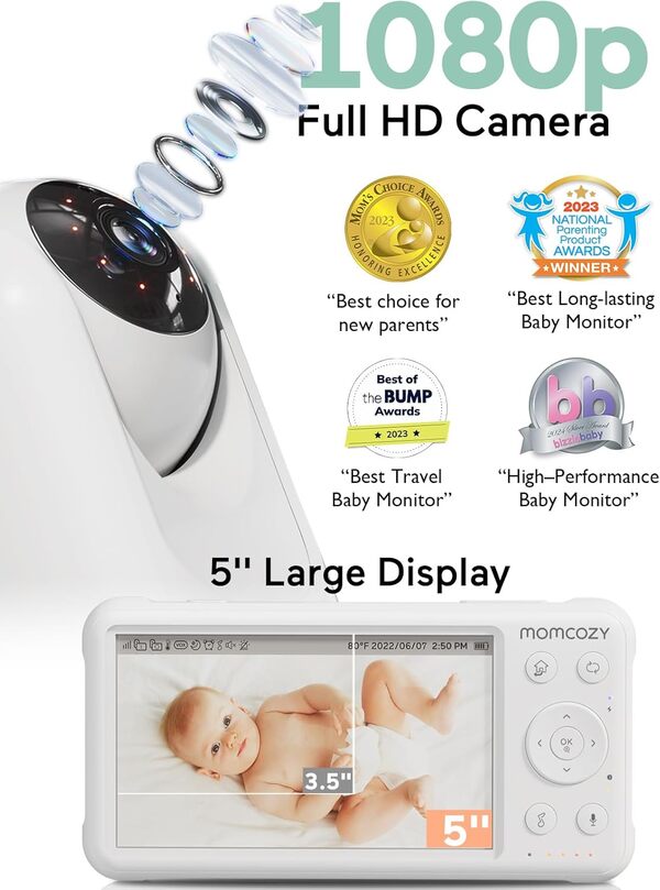 Momcozy Moniteur de bébé avec 2 caméras 12,7 cm 1080p avec écran divisé vidéo avec caméra et audio sans WiFi pour la sécurité des bébés Batterie 5000 mAh Vision nocturne infrarouge Audio