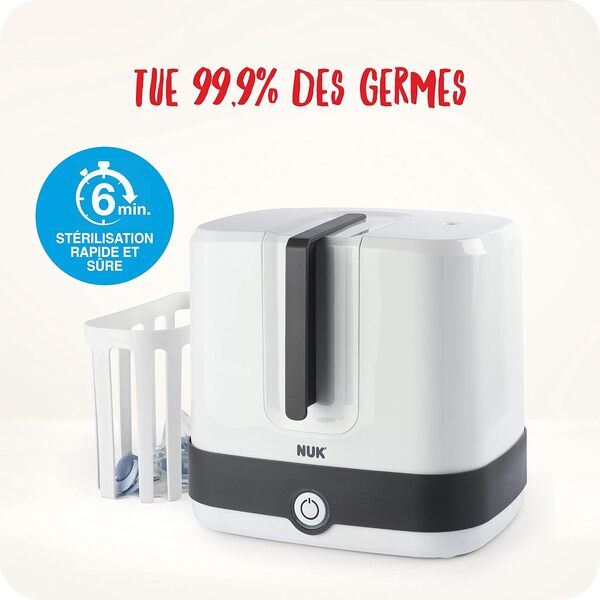NUK Vario Express Stérilisateur de biberons | Stérilise à la vapeur jusqu'à 6 biberons et accessoires en 6 minutes | Arrêt automatique | Panier et tiges amovibles | Prise européenne à 2 broches