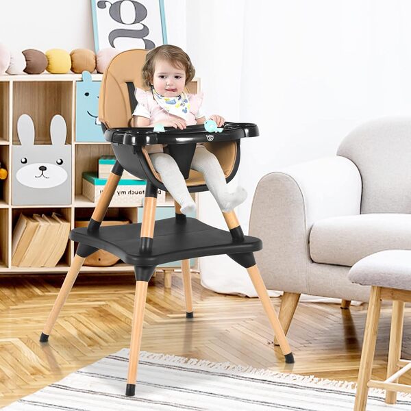 COSTWAY 4 en 1 Chaise Haute Bébé Convertible Plateau Réglable en 4 Etapes-Peut être Démonté en une Table et une Chaise avec Coussin Amovible,Repose-Pieds pour Bébé 6 Mois-3Ans Charge 15KG (Café)