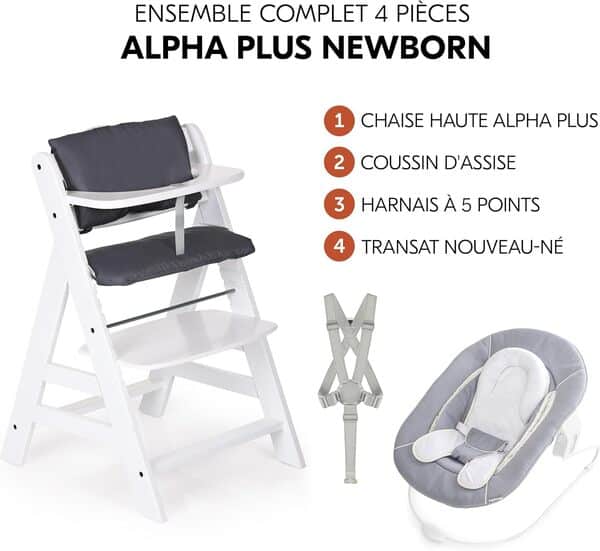 hauck Chaise Haute Bébé Alpha Plus Newborn Set - Évolutive dès Naissance, Transat Nouveau-Né Inclinable, Coussin d'Assise et Réducteur - Blanc Gris