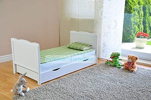 Lit bébé avec tiroir Lit bébé avec Matelas en Mousse Aloe Vera des Rails de Protection Réglables en Hauteur Blanc Transformable en lit Enfant