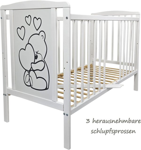 Lit bébé TIMMI - Ecologique et en bois massif 3 hauteurs réglables en hauteur 60 x 120 cm blanc