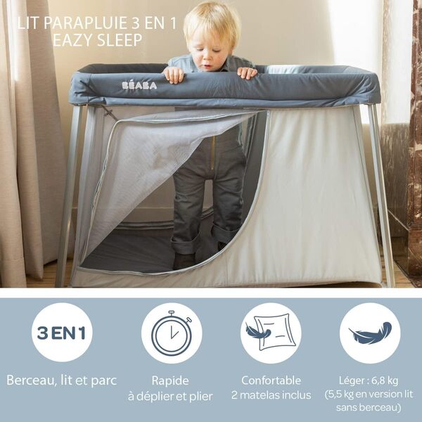 BÉABA, Lit parapluie 3 en 1, Berceau Bébé, Lit d'appoint, Parc, Evolutif, Léger - 6.8Kg, Pliable, Compact, Sac Transport et Matelas inclus, Tissu Respirant et Oeko-Tex, Gris minéral