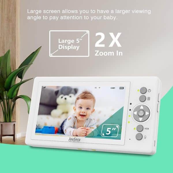 Babyphone Caméra avec 29 heures d'autonomie, zoom pan-inclinable, vidéo Babyphone avec caméra et audio de 5 pouces, grand écran sans Wi-Fi, surveillance de la température, bidirectionnel,