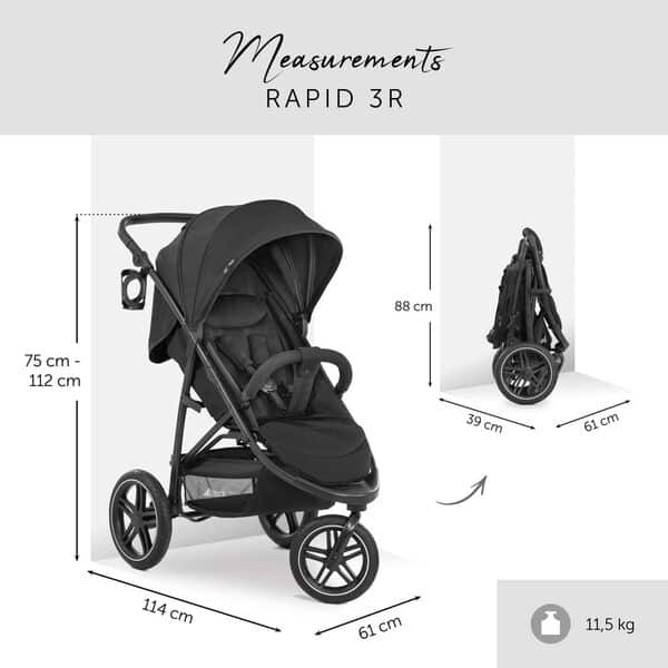 hauck Poussette 3 Roues Rapid 3R, jusqu'à 25 kg, Grande Capote, Pliage Compact, Dossier Inclinable, Guidon Réglable en Hauteur, Grandes Roues Tout Terrain - Noir