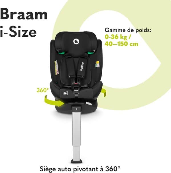 LIONELO Braam siege auto de 0 à 36 kg, jambe de force et Isofix ou ceintures de sécurité de voiture, rotation à 360 degrés face à la route ou dos à la route (Carbone Noir, BRAAM)