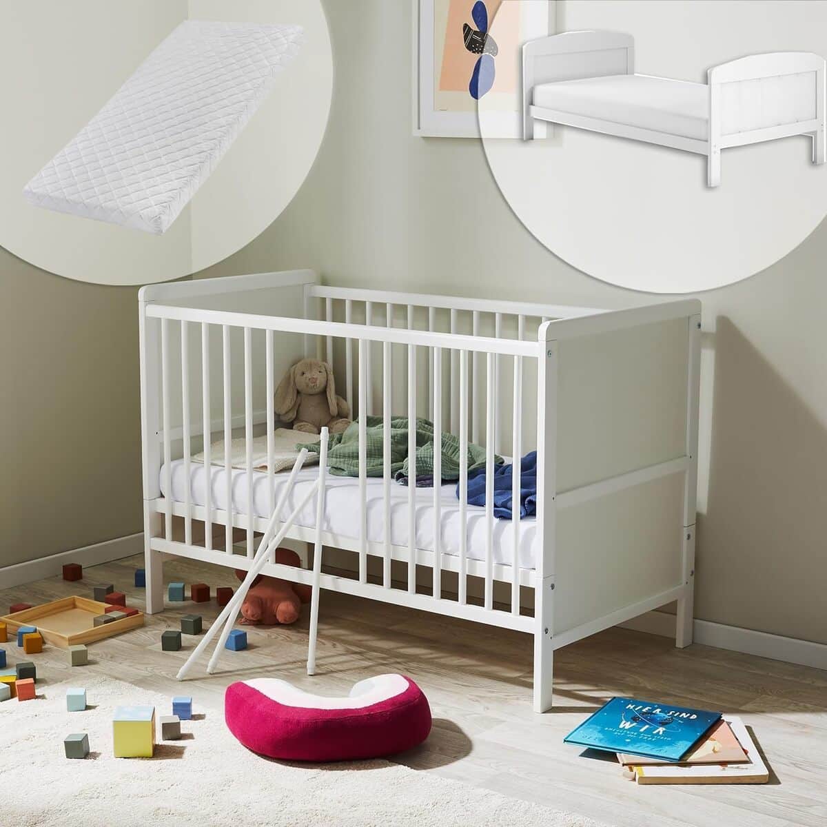 Test du lit bébé évolutif complet 60 x 120 cm en bois blanc