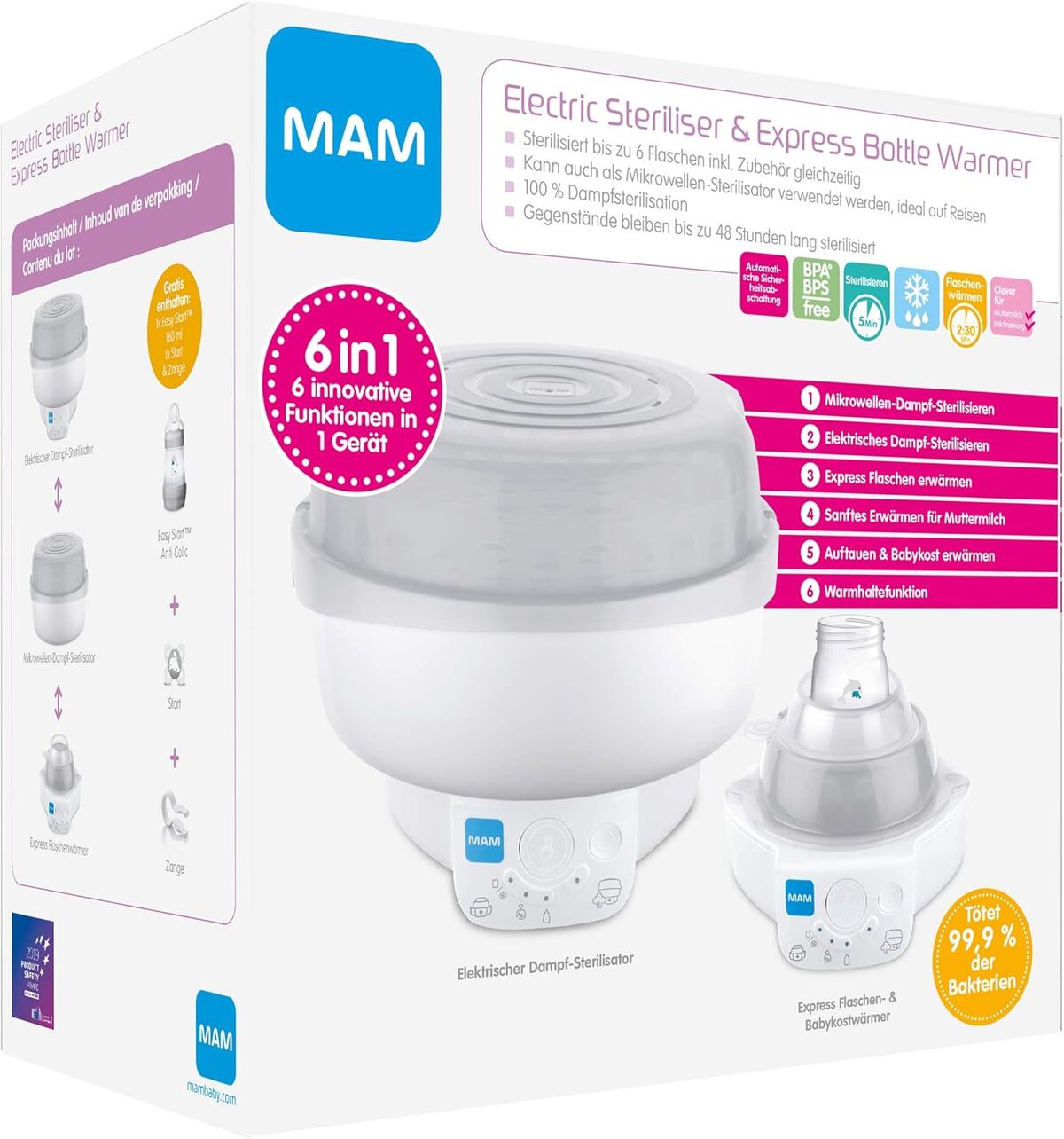Test du stérilisateur et chauffe-biberon 6 en 1 MAM avec biberon anti-colique