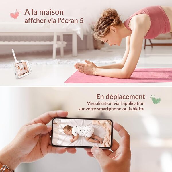 Netvue 1080P Babyphone Camera avec Support 4 en 1, Amélioré 5000mAh Babyphone sans WLAN, 5
