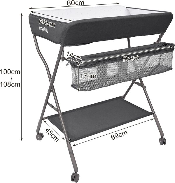 Maydolly Table à langer pour bébé avec roues, station à langer pliante portable à hauteur réglable avec organiseur de pépinière et support de rangement pour nouveau-né et nourrisson (gris foncé)