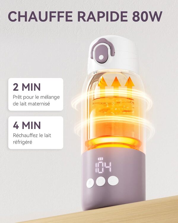 comfyer Chauffe Biberon nomade Portable, Chauffage Rapide et Longue Autonomie, 2 modes pour le lait maternel et l'eau, grande capacité de 340 ml pour les voyages en véhicule, en voiture et en avion