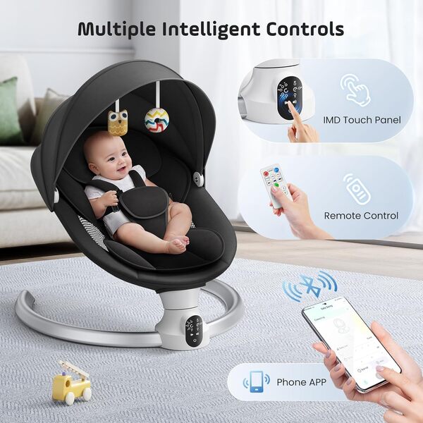 Balançoire électrique pour bébés, avec application et télécommande, harnais 5 points, 10 musiques Bluetooth et 5 vitesses, supporte 9 kg pour les nouveau-nés de 0 à 6 mois, garçons et filles