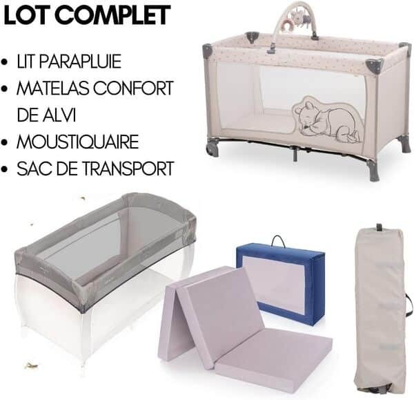 hauck Lot Lit Parapluie Bebe avec Matelas Dream N Play Go 120x60 cm - Avec Moustiquaire et Sac de Transport - Disney Pooh Rainbow Beige