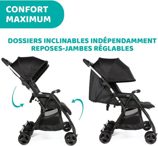Chicco OHlalà Poussette Canne Double, Légère Inclinable et Pliable, Poussette pour Jumeaux de la Naissance à 15 kg, Fermeture Compacte, Inclus une Housse de Pluie, Capote Extensible - black night