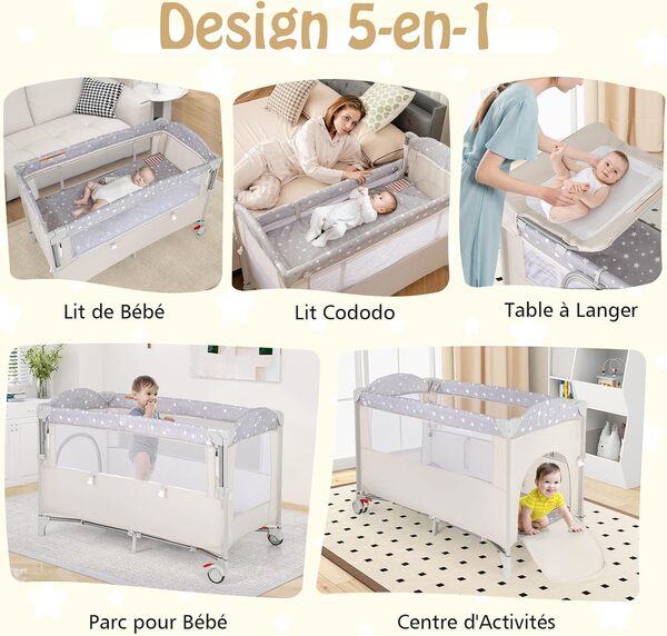 DREAMADE Lit Parapluie Bébé avec Matelas,5 en 1 Lit Cododo 125x65x76CM Tout-Petites 0-3 Ans avec Porte-Couches,Roues Verrouillables,Musique,Jouets Suspendus,Table à Langer,Sac de Transport (Beige)