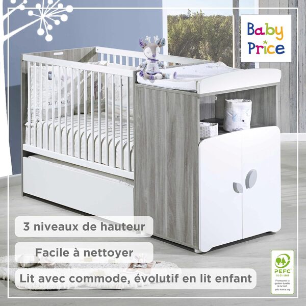 BabyPrice Lit bébé combiné évolutif 60x120 cm | Lit bébé à barreaux et Commode à Langer | Collection Leaf | Évolutif en lit 90x190 cm | Fabriqué en France par Sauthon