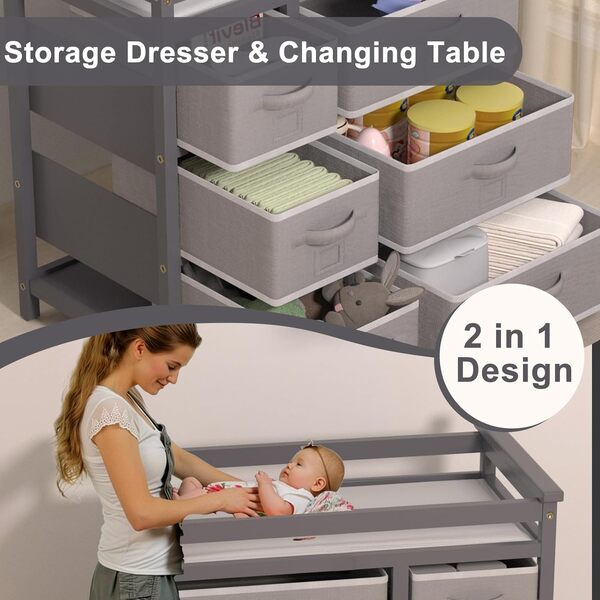 KORIMEFA Table à langer pour bébé - Commode à 6 tiroirs, ceinture de sécurité et tapis - Commode à langer pour protection lombaire - Capacité de charge de 14 kg