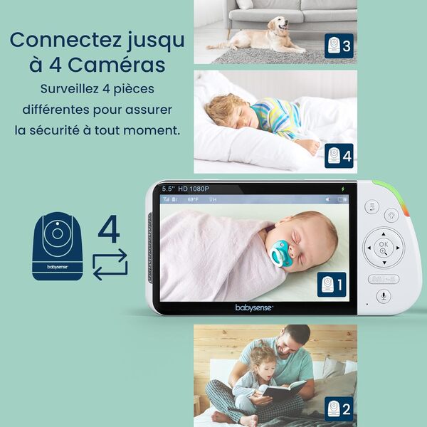 Babysense MaxView Babyphone 5.5” Full HD 1080p, Moniteur Vidéo pour Bébé avec Caméra et Audio, sans WiFi, Veilleuse 6 Couleurs, Portée 300m, Audio Bidirectionnel, Zoom 4X, Batterie 5000mAh
