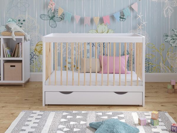 Love For Sleep Lit Bebe Evolutif 120x60cm Transformable avec Barrière de Sécurité Pin Blanc LUCA lit evolutif Bebe en Bois Lit évolutif Enfant - Baby Bed, lit Bebe Fille, garçon