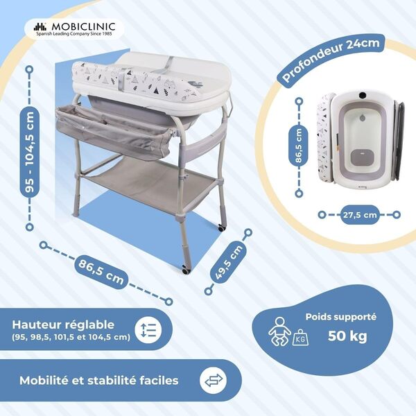 Mobiclinic® kids, Table à langer 2-en-1 avec baignoire, Trendy, Réglable en 4 hauteurs, Thermomètre, Roues frein, Paniers de rangement, Jusqu'à 50 kg, Tube drainage, 0-36 mois