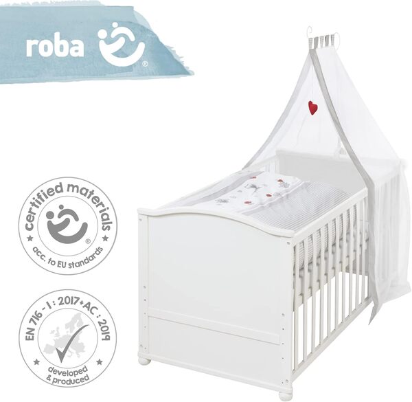 roba Lit Bébé Évolutif 70 x 140 cm Complet - Équipements Inclus - Réglable en Hauteur - 3 Barreaux Amovibles - 0 à 7 Ans - Blanc