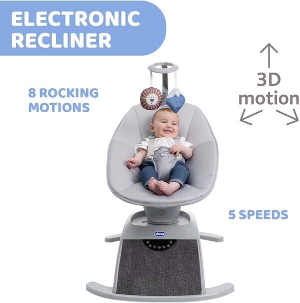 Chicco Comfy Wave, Balancelle Électronique pour Bébé, avec Mouvements et Mélodies, Dossier Inclinable, Tissu Respirant Et Amovible, Barre de Jeu, Balancelle pour Bébé, 0 Mois Plus
