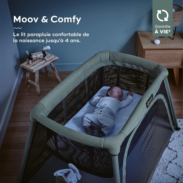 Babymoov Lit parapluie 3-en-1 Moov and Comfy - Idéal dès la Naissance et jusqu'à 4 ans - 2 niveaux:Berceau et grand Lit d'appoint-Evolutif en Aire de jeux - Facile à monter et à plier - Garanti à vie