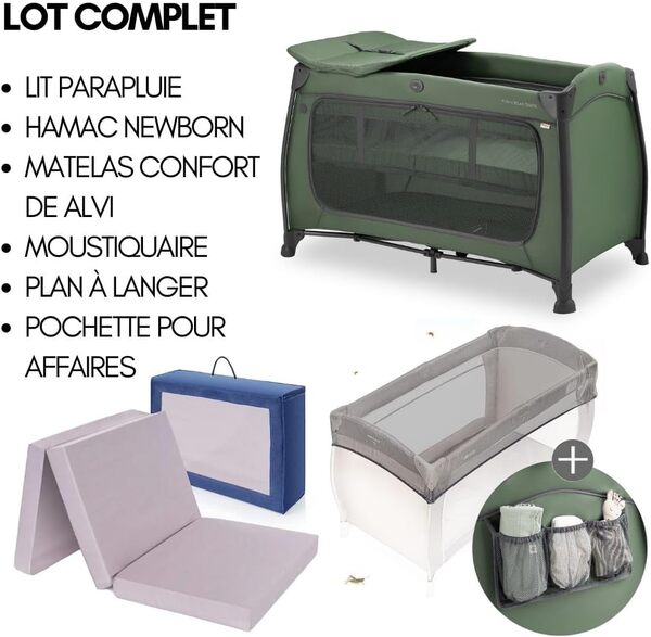 hauck - Lot Lit Parapluie Bebe avec Matelas Play N Relax 120x60 cm - avec Moustiquaire, 2 Niveaux, Table à Langer, Ouverture Latéral et Sac de Transport - Vert Foncé