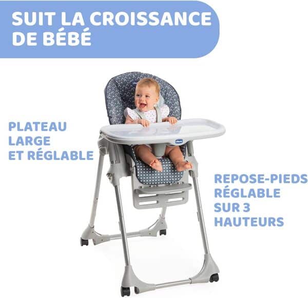 Chicco Chaise haute Réglable Polly Easy pour enfants de 6 mois à 3 ans (15 kg), inclinable, avec hauteur et repose-pieds réglables, 4 roues, pliage - Pinguin