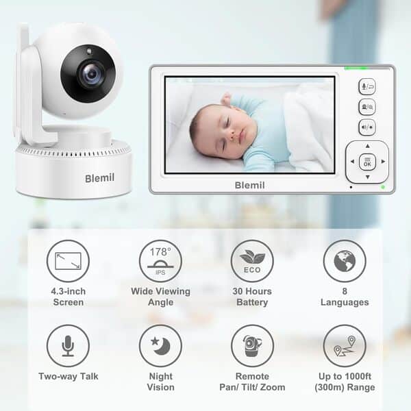 Blemil Baby Monitor Écran de 4,3 Pouces avec Batterie de 29 Heures panoramique Zoom vidéo Baby Monitor avec Un Appareil Photo et Audio Eco bidirectionnel Parler sans WiFi