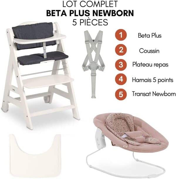 hauck Chaise Haute Bébé Evolutive Beta+ Set 2 en 1 - Inclus Siège Amovible, Plateau Repas, Coussin Confort, Roulettes et Arceau - Blanc Bambi Rose