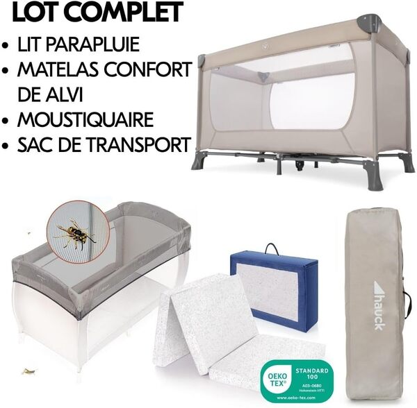 hauck Lot Lit Parapluie Dream N Play avec Matelas Lit Parapluie Alvi 120x60 cm, Inclus Moustiquaire et Sac de Transport - Beige
