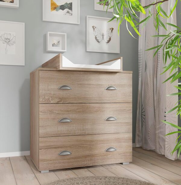MIA Commode à langer, 80 cm, à 3 tiroirs, pour enfants, table à langer en chêne Sonoma