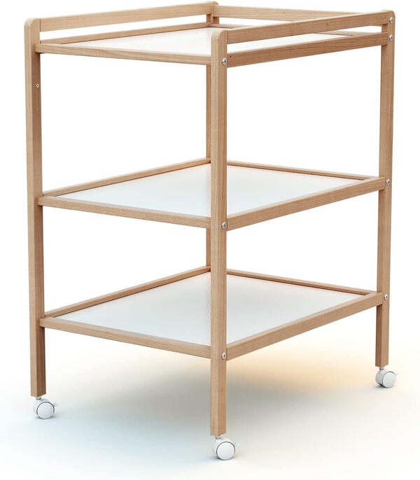 AT4 - Table à Langer 2 étagères ESSENTIEL Hêtre verni | 75 x 58 x 94 cm | Meuble à langer avec roulettes | Gain de place | Compact