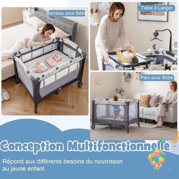 DREAMADE 4 en 1 Lit Parapluie Bébé 102x72x74CM avec Matelas Lit de Voyage Tout-Petites 0-3 Ans avec Porte-Couches,2 Roues Verrouillables,3 Jouets,Table à Langer,Boîte à Musique,Charge 15KG (Beige)