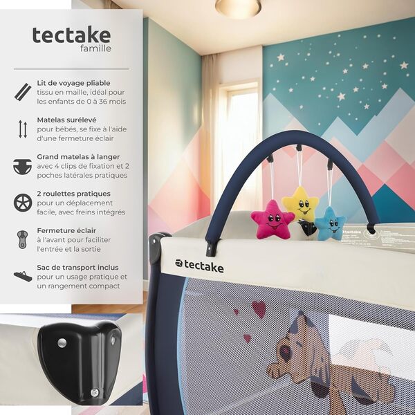 tectake® Lit Parapluie avec matelas Pliable Lit Bébé voyage léger réglable sur roulettes avec Accessoires bébé & Sac de Transport, Mobilier enfant idéal pour Maison ou Voyage Equipement bebe Parc bebe