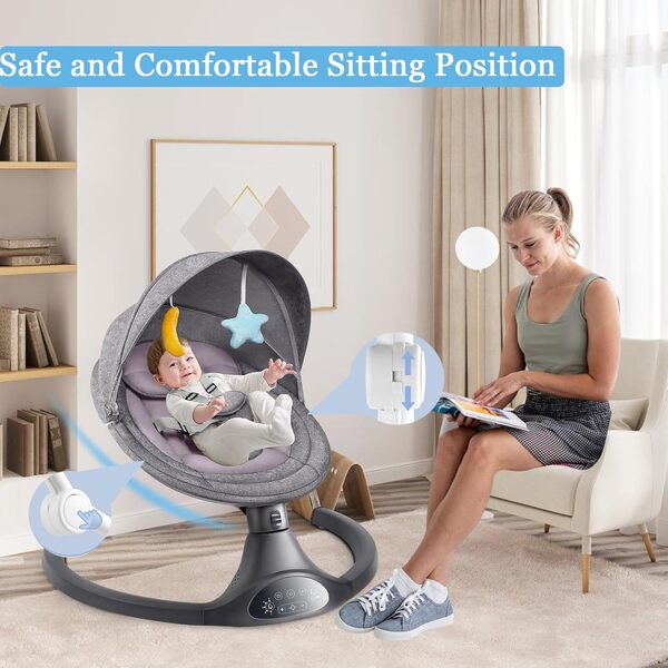 HEMUYT Balancelle Bebe Electrique, Transat Bebe Electrique avec Bluetooth, 5 Vitesses de Balancement, Minuterie à 3 Etapes et Télécommande, Harnais de Sécurité 5 Points, 10 Berçeuses,0-6 Mois,9Kg Max