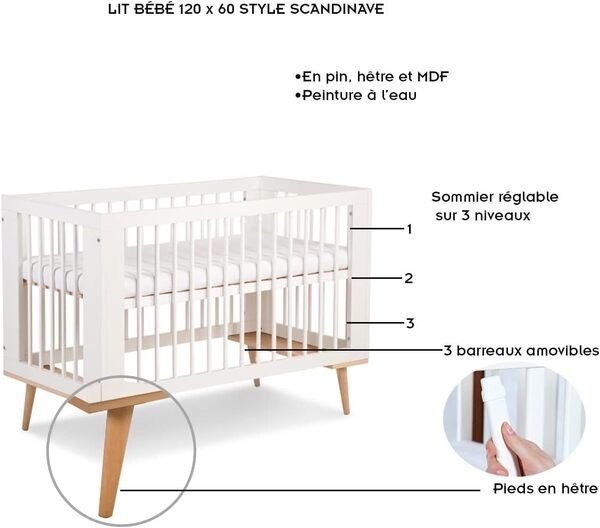 SOFIE Ensemble commode à langer et lit bébé style scandinave 120X60 Blanc