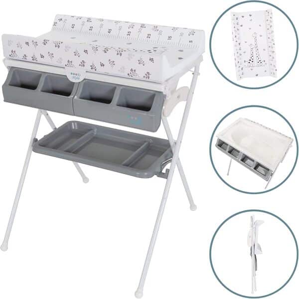ib style® KOA 2-en-1 Table à langer avec baignoire | Mobile | Pliable | Grande surface de langer | Commode à langer pour bébés et tout-petits | METRIC GIRAFFE GRIS