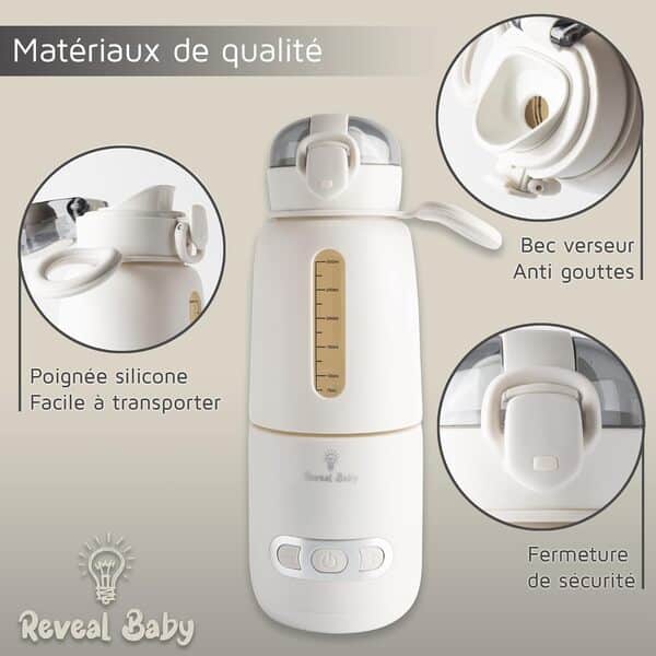 Chauffe Biberon Nomade Portable USB-C 90W – Température Réglable 37-55°C – Rapide (3.30 Min) – Chauffe Lait Bébé & Eau – Utilisation Voiture & Voyage – Sans BPA – Reveal Baby