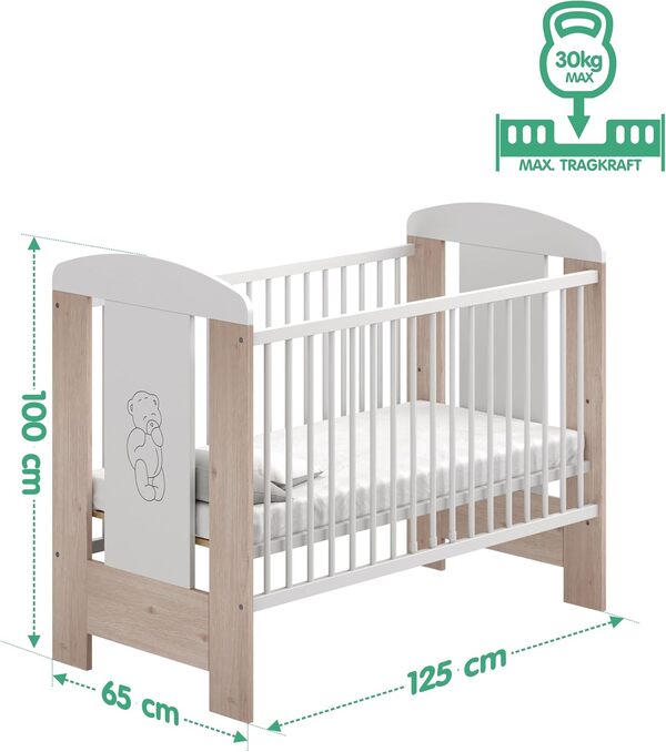 LCP Kids Lit Bebe 120x60 cm Blanc avec Matelas | Regable Niveaux du Base | 3 Barreaux Amoviable; Ours Creme