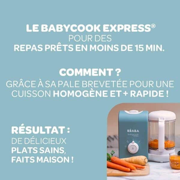 BEABA, Babycook Express, Robot Bébé 4 en 1 Mixeur-Cuiseur, Cuisson Express 15min, Mixage sur-mesure, Cuisson Vapeur Douce et Saine, Décongélation, Texture Homogène, Capacité 1 250 ml, Bleu Baltique