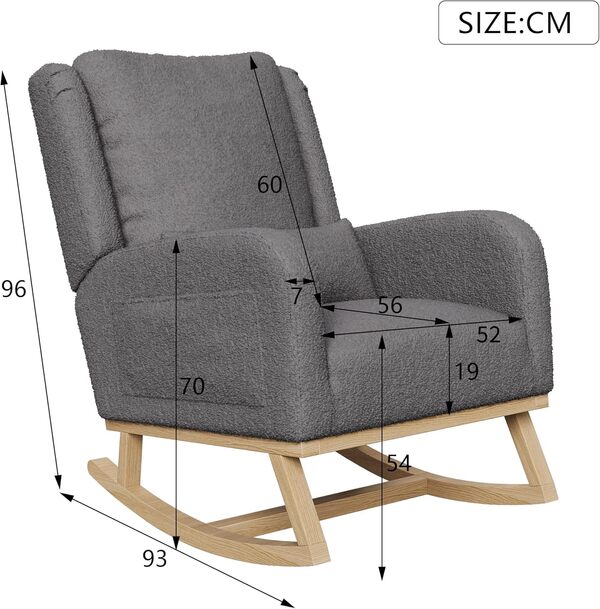 Fauteuil à Bascule, Chaise Allaitement, Fauteuil à Accoudoirs, Chaise a Bascule Allaitement avec Pieds en Bois Massif, Teddy Velours, pour Salon, Chambre, Balcon (Peluche Teddy, Gris)