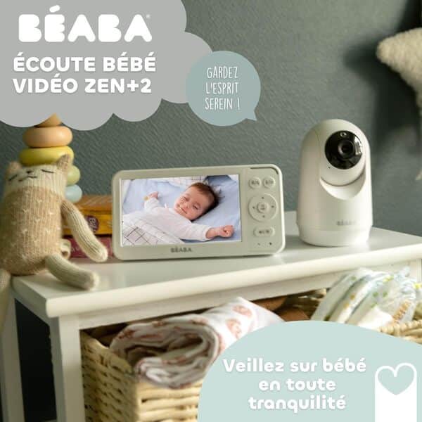 BÉABA, Babyphone Camera Zen Plus 2 – Caméra Rotative 360°, Écran 5 Pouces HD, Vision Nocturne, Talkie-Walkie, Thermomètre, 8 Berceuses, Portée 300m, Autonomie 20h, 4 Caméras Connectables, Blanc