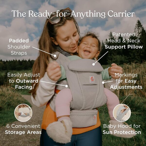 Ergobaby Omni Deluxe Porte-bébé tout-en-un pour les nouveau-nés dès la naissance jusqu'à 20kg, porte-bébé ergonomique en coton 4 positions, dorsal, porte-bébé de voyage, Serene Blue Flowers